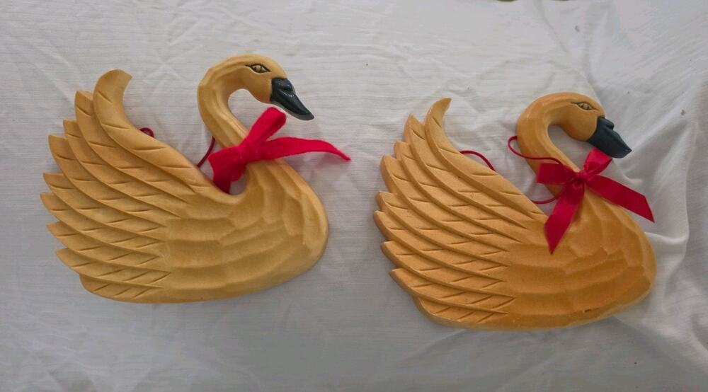 Pair Vintage Handmade Wood Swan wall Hangers Country, Farmhouse